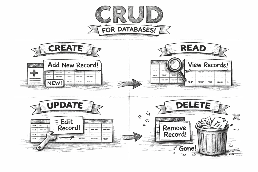 CRUD for Databases: Create (Add New Record), Read (View Records), Update (Edit Record), Delete (Remove Record)
