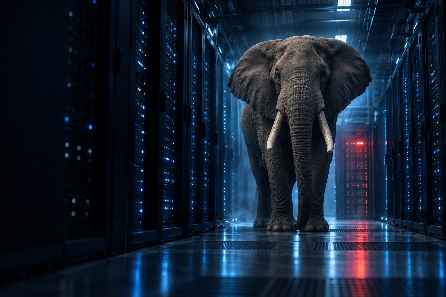 An elephant standing in the aisle of a dark data center between rows of server racks — the elephant in the server room