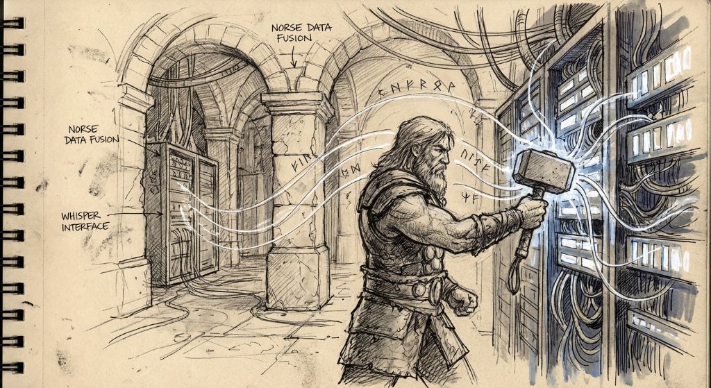 THOR architecture concept sketch — Norse Data Fusion, Whisper Interface, and the data center pipeline